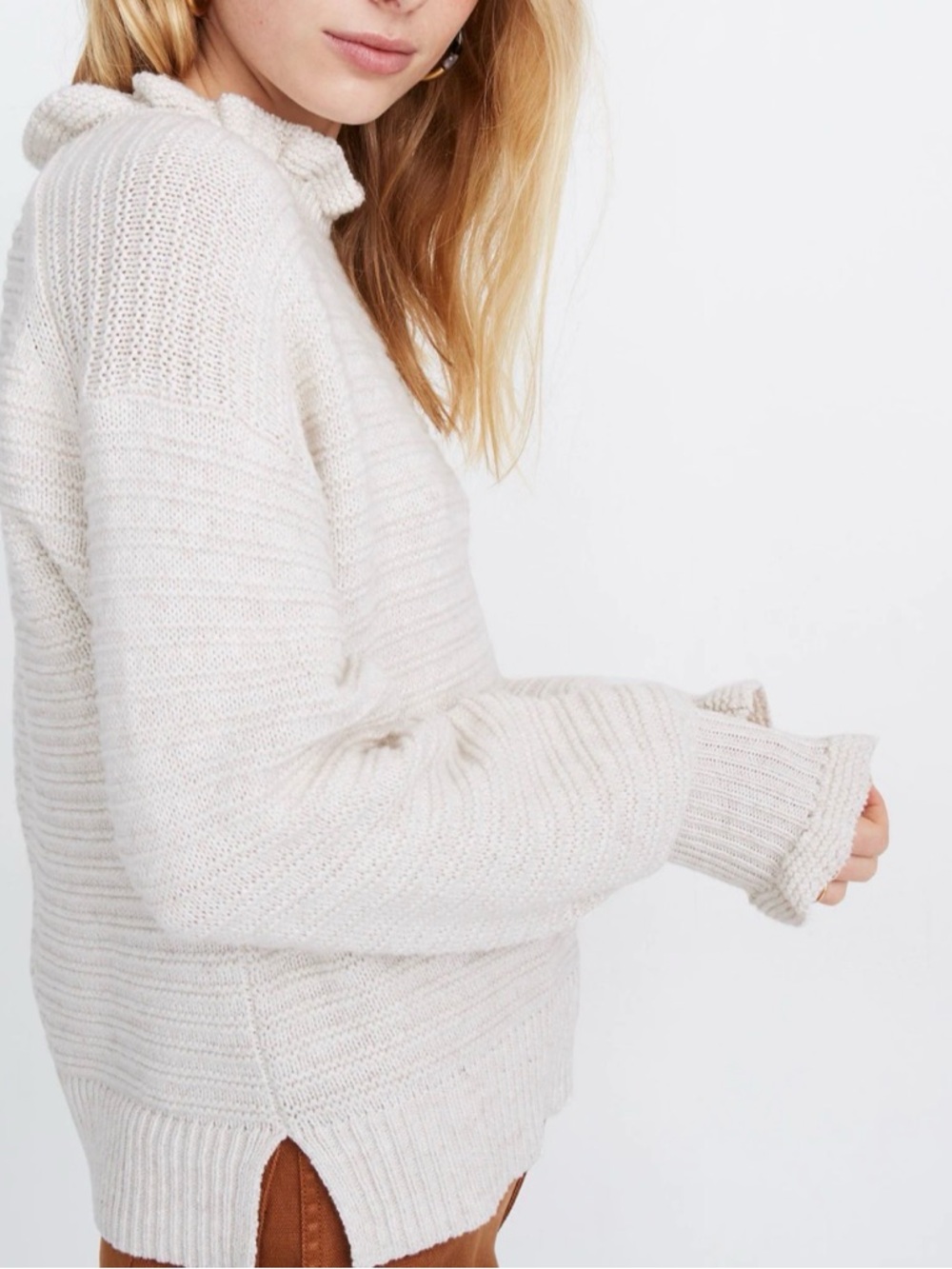 Madewell Ruffle Neck Pullover Sweater in Heather Oak | Size XS